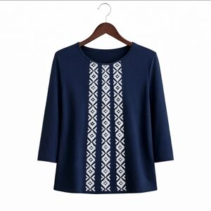 Attention Navy Embroidered Pleated Top Size XL